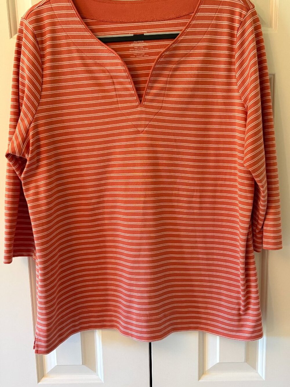 L.L. Bean Split Neck Top Orange Stripe 100% Supima Cotton Sz XL Reg